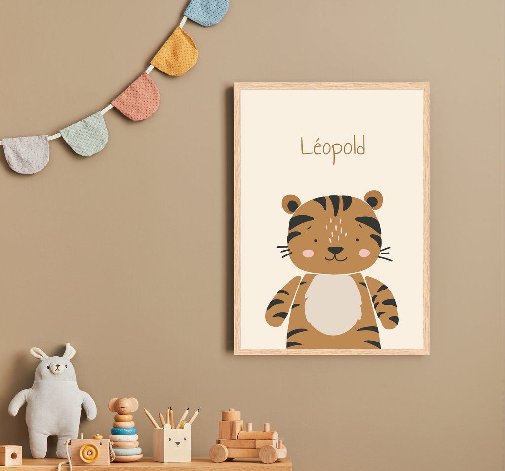 Póster personalizado - Animales: marco que representa un adorable tigre de dibujos animados con el nombre Léopold y decoración infantil minimalista.