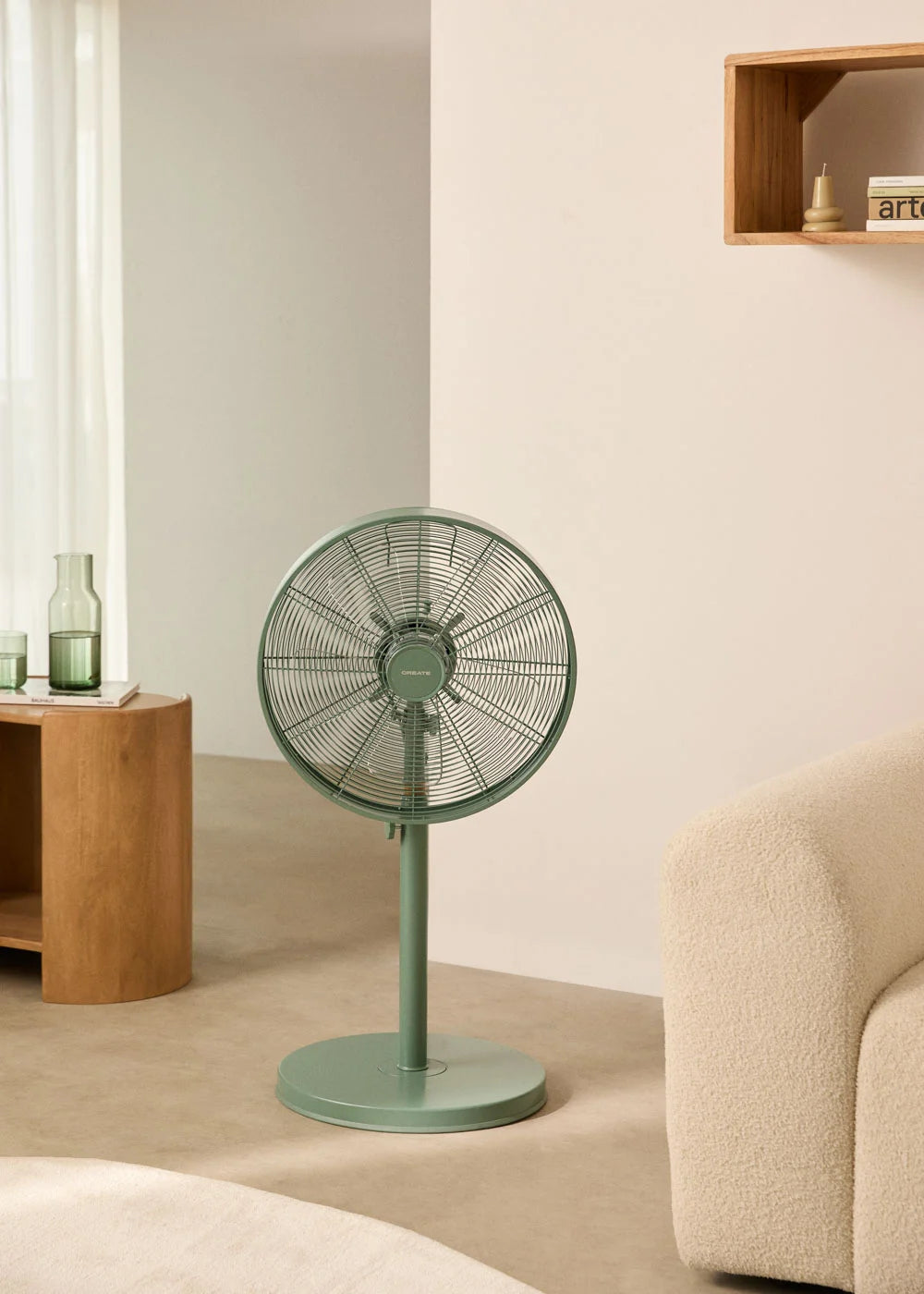 Air Stand Wood - Ventilateur Sur Pied Réglable Oscillant De Style Rétro 50 W - Hauteur Réglable - Vert Sauge