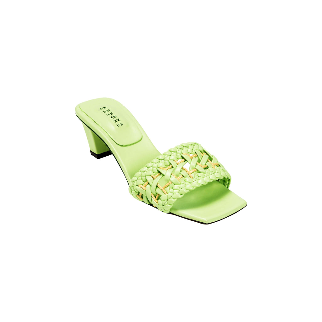 Almeria avocado mid-heel sandal featuring braided strap and open toe design, handcrafted in Italy for stylish comfort.