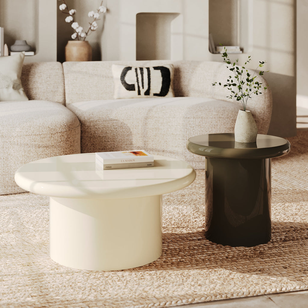Apoline - Set of 2 White Lacquered and Khaki Green Coffee Tables in MDF