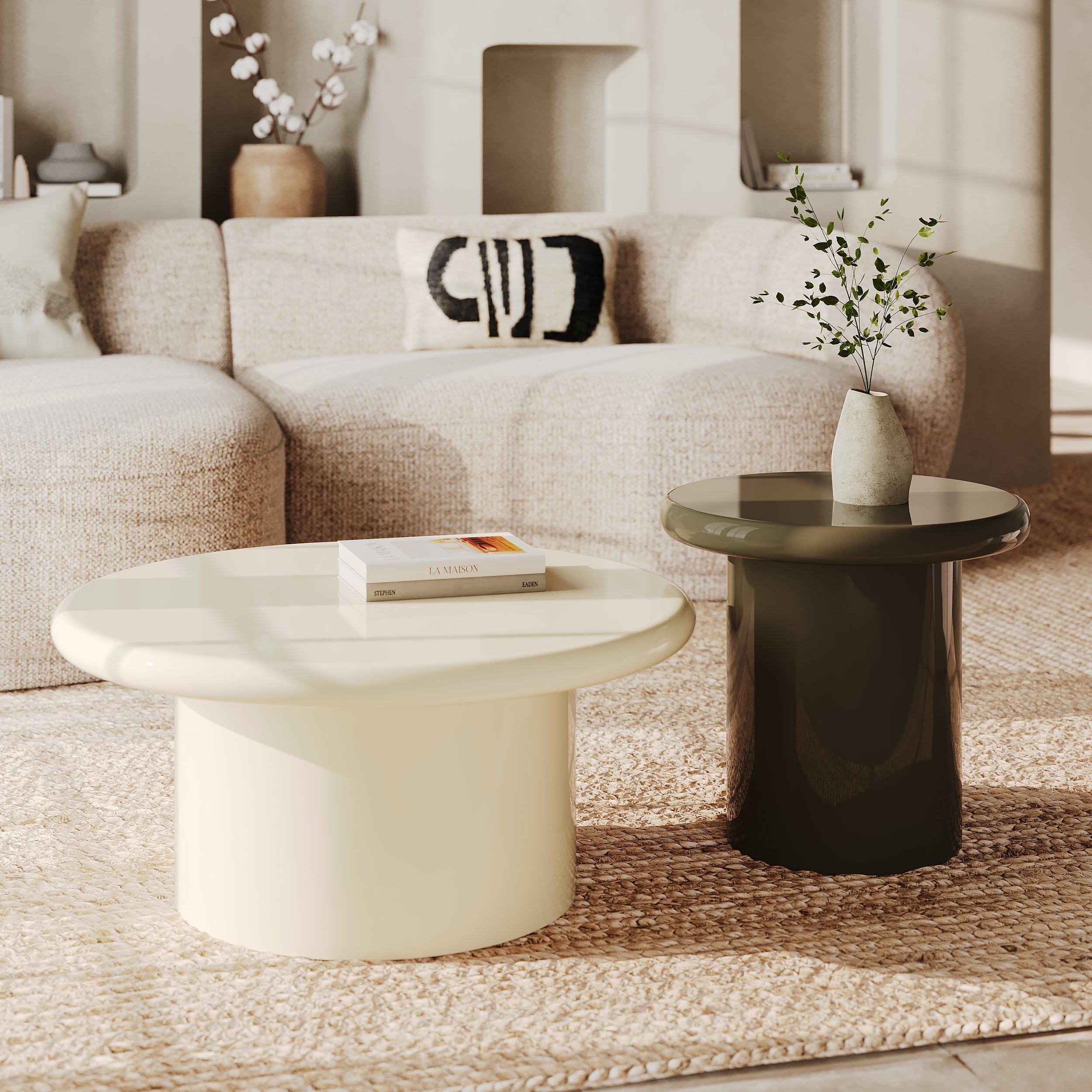 Apoline - Set of 2 White Lacquered and Khaki Green Coffee Tables in MDF
