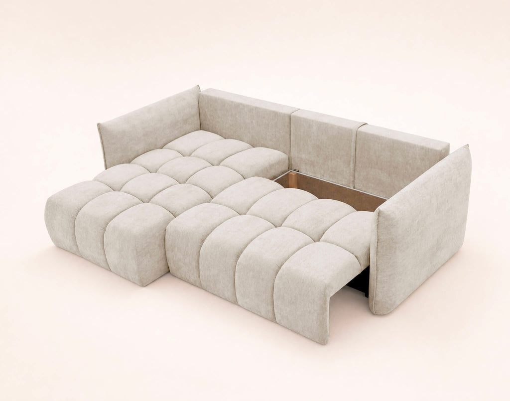 Ambroise - 4-Seater Corner Sofa Bed With Storage - Textured Velvet - Beige