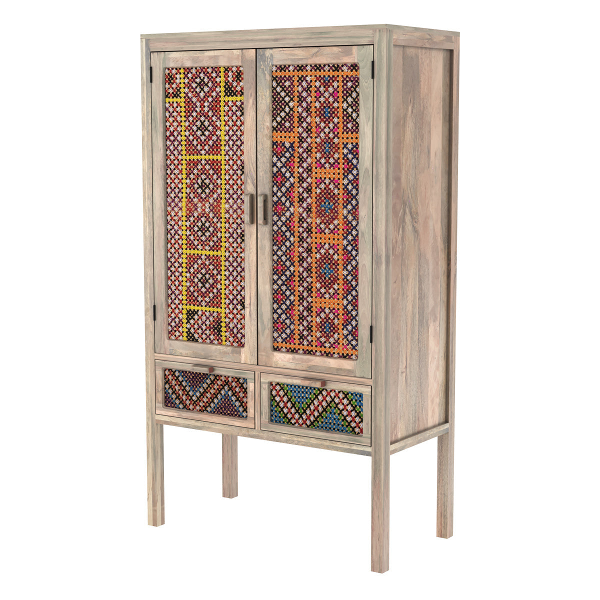 Massaï - 2 Door 2 Drawer Wardrobe In Mango Wood And Colored Canework