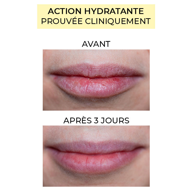 Before and after the moisturizing action of the natural and clean lipstick Pomponne
