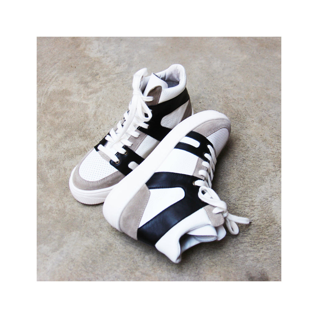 Baskets Montantes Cuir Blanc Noir - Femme