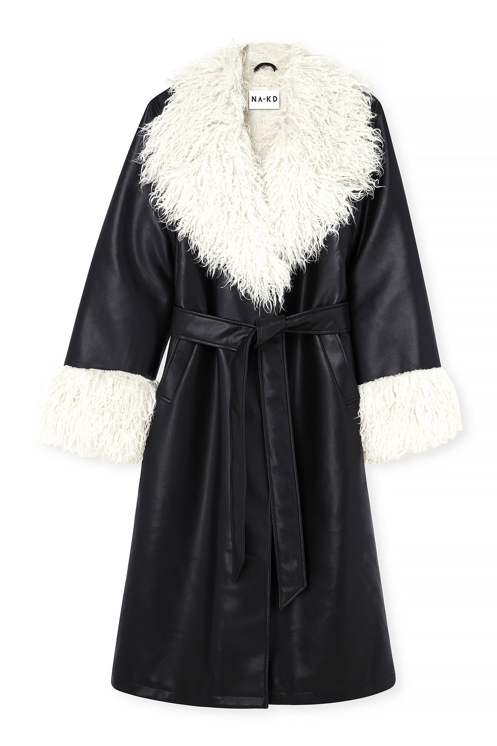 Belted PU Bonded Long Coat - Black
