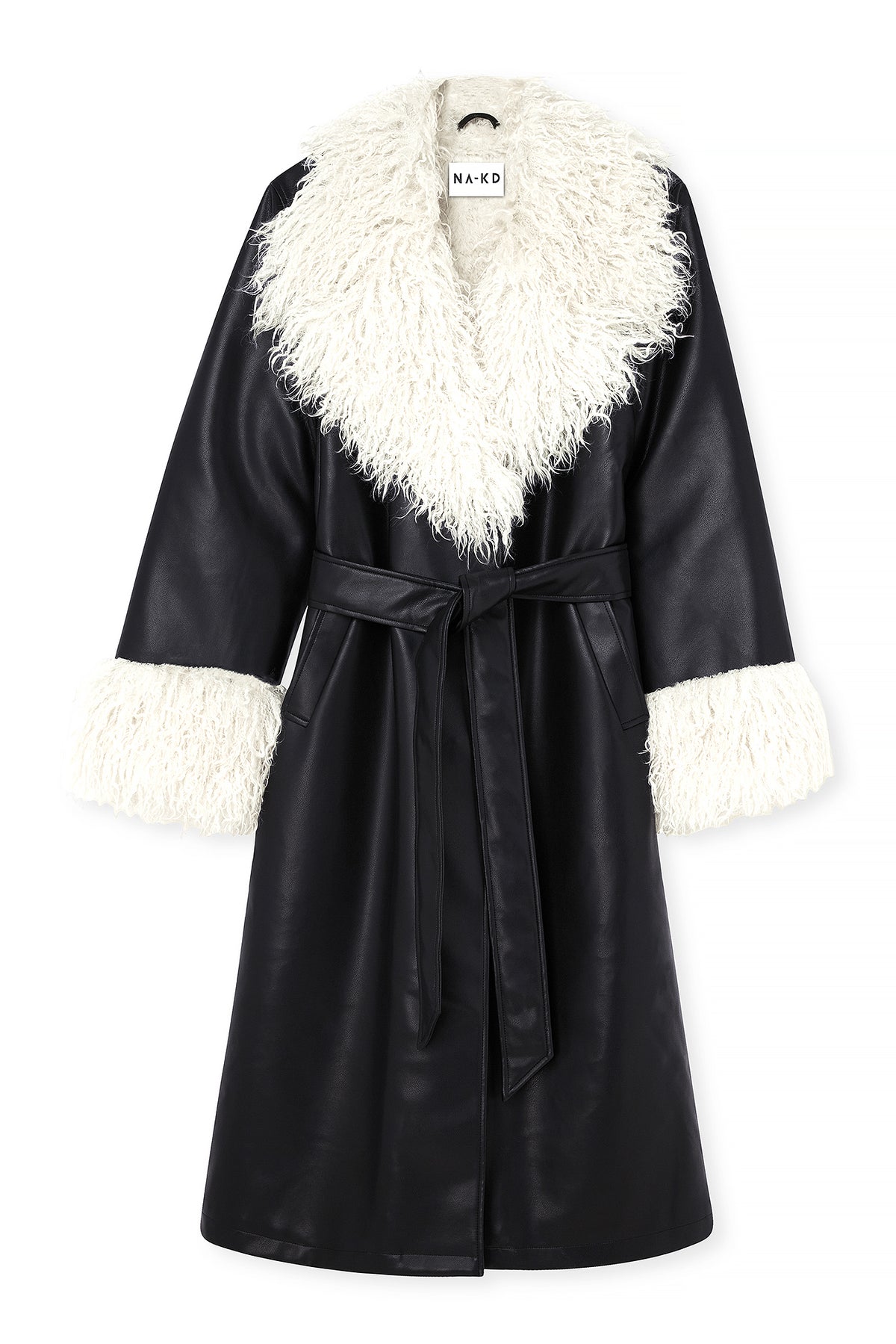 Belted PU Bonded Long Coat - Black