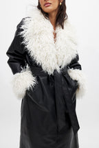 Belted PU Bonded Long Coat - Black
