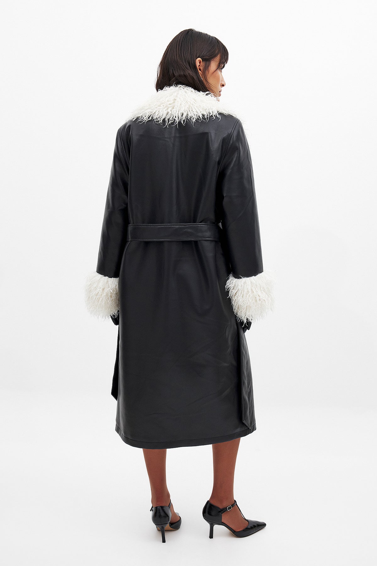 Belted PU Bonded Long Coat - Black