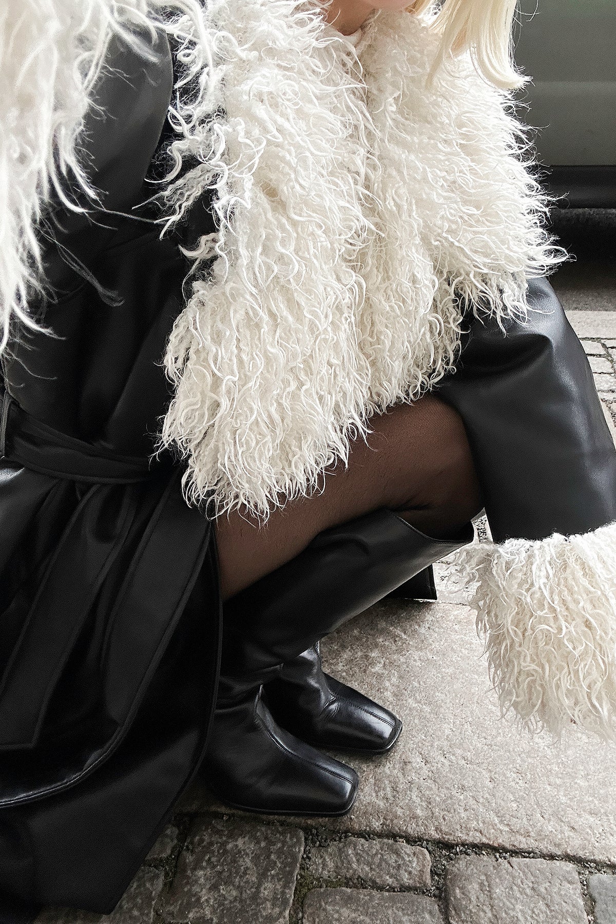 Belted PU Bonded Long Coat - Black