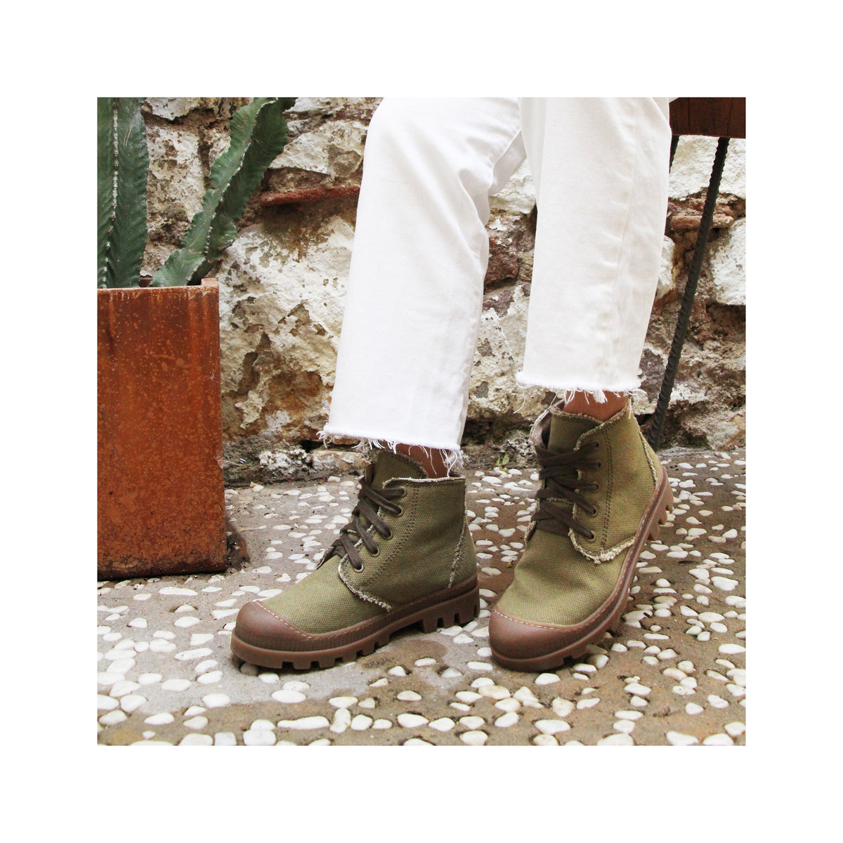 Bottines Crantées Toile Recyclée Kaki - Femme