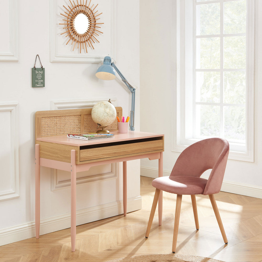 Lilou - Escritorio infantil con 1 cajón - Madera y rejillado - Rosa