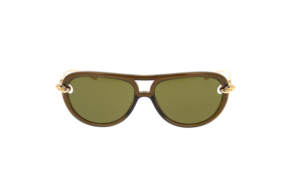 Luxury Eyewear – Sonnenbrillen - Bottega Veneta, braune Sonnenbrille mit getönten Gläsern, Frontansicht auf weißem Hintergrund