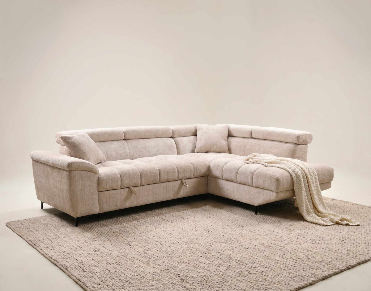 Camille - 5-Seater Corner Sofa Bed With Headrests And Storage - Textured Velvet - Beige