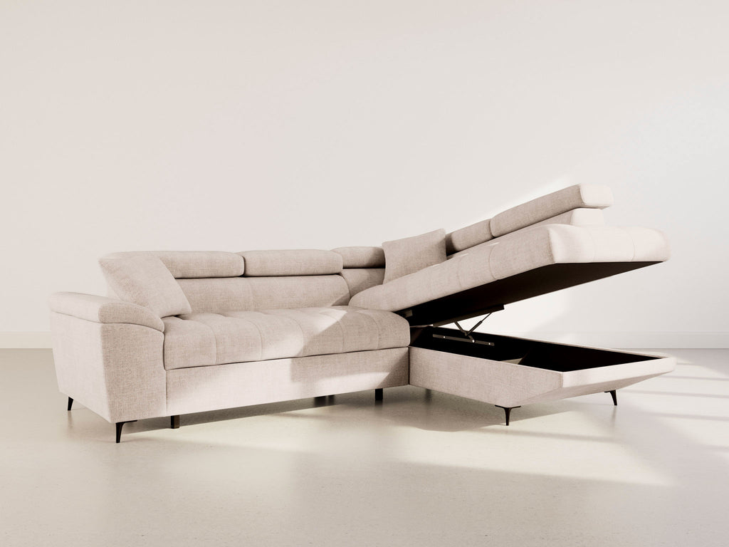 Camille - 5-Seater Corner Sofa Bed With Headrests And Storage - Textured Velvet - Beige