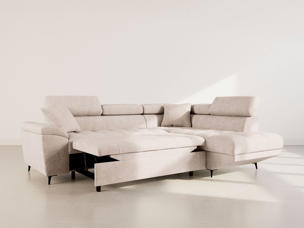 Camille - 5-Seater Corner Sofa Bed With Headrests And Storage - Textured Velvet - Beige