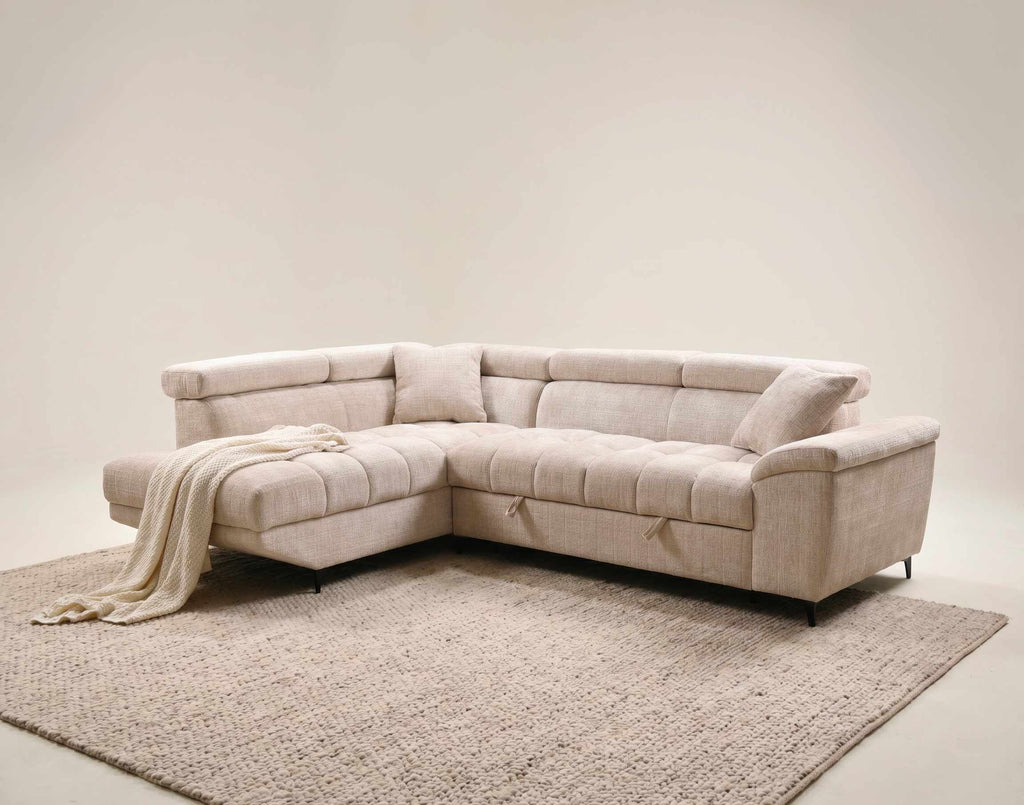 Camille - 5-Seater Corner Sofa Bed With Headrests And Storage - Textured Velvet - Beige