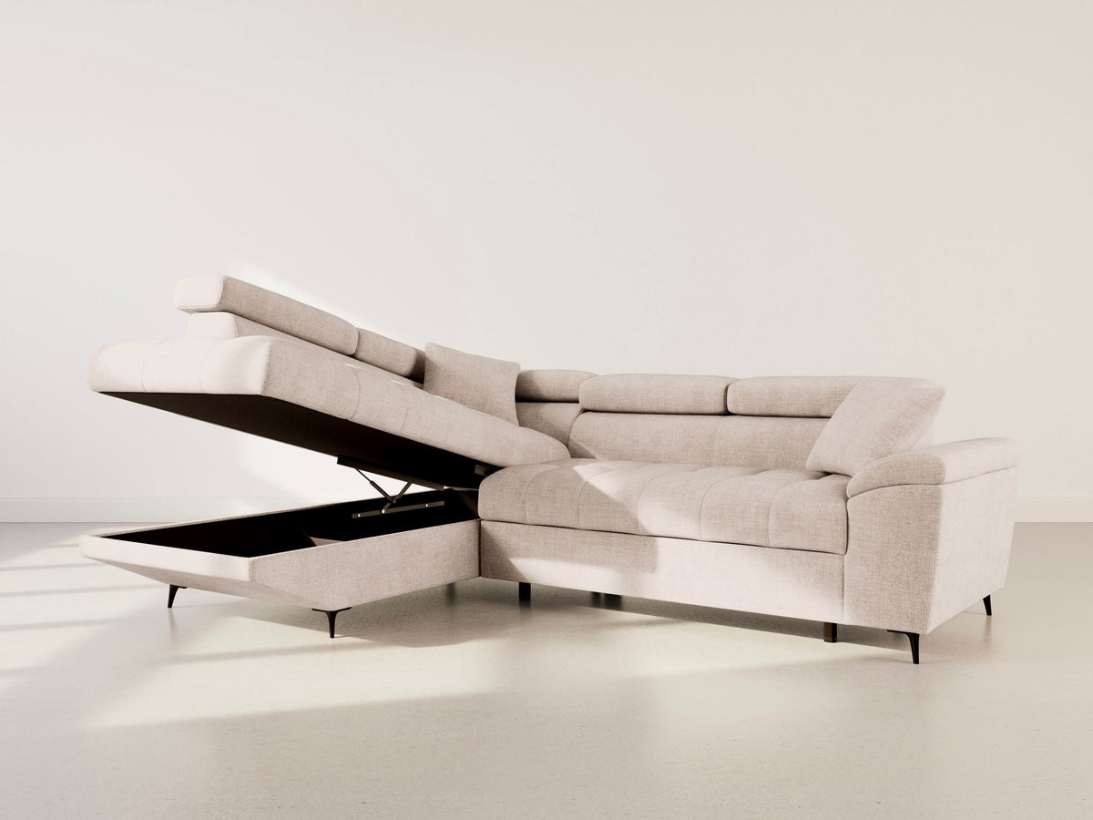 Camille - 5-Seater Corner Sofa Bed With Headrests And Storage - Textured Velvet - Beige