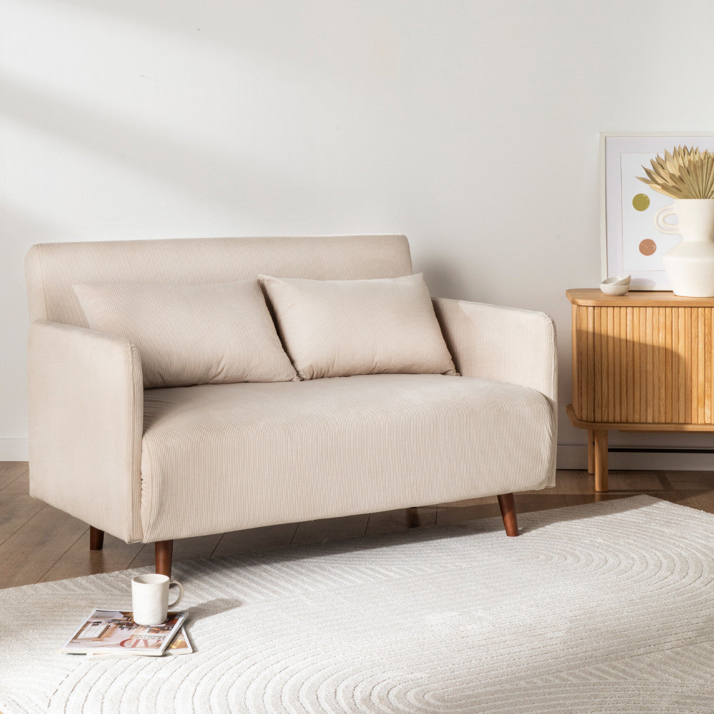 Belushi - Sofá cama de 2 plazas - Pana, patas de madera oscura - Beige