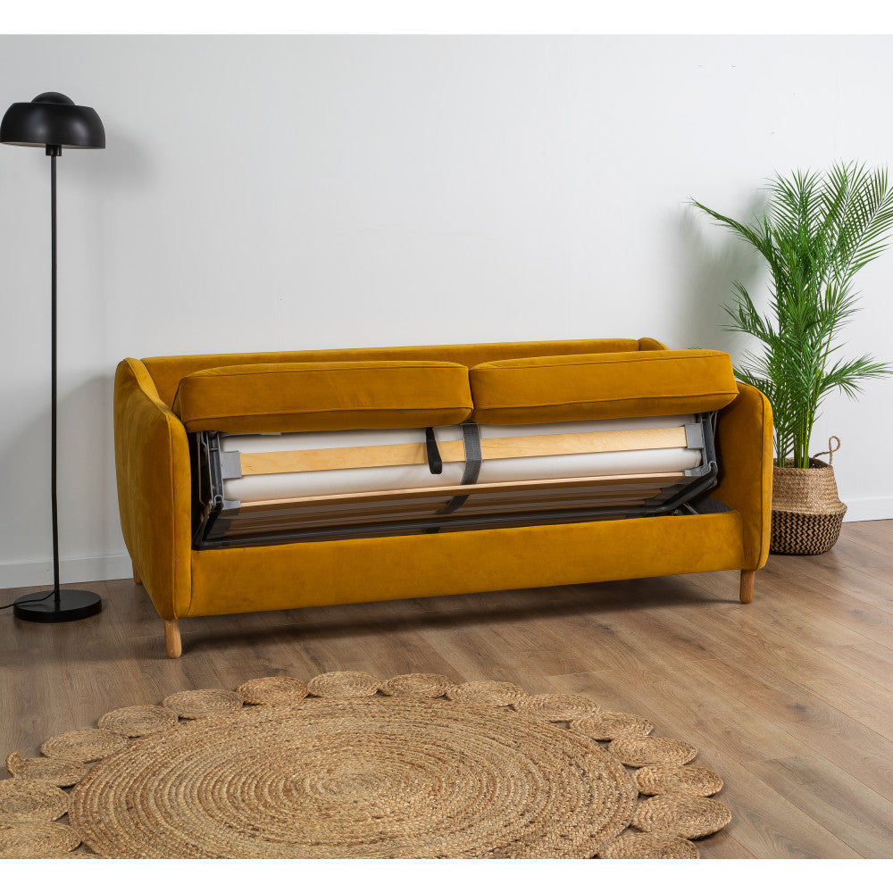 Vornay - Sofá cama exprés de 3 plazas - Terciopelo - Amarillo mostaza