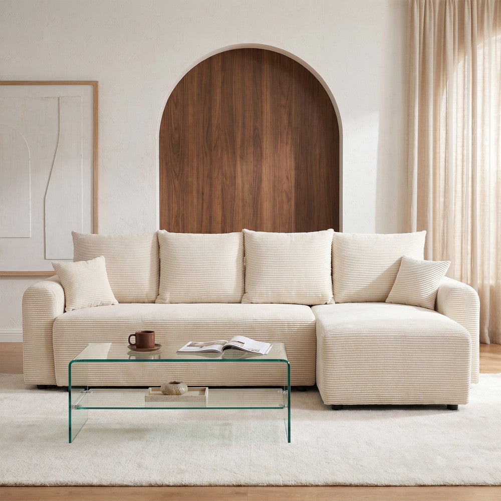 Pol - Canapé D'Angle Convertible Réversible 4 Places - Velours Côtelé - Beige
