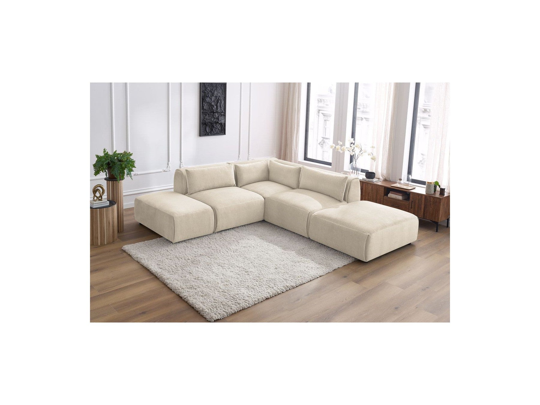 Jeanne - Fixed Modular Corner Sofa - Velvet Fabric with 2 Armless Chairs, 1 Corner Unit and 2 Pouffes