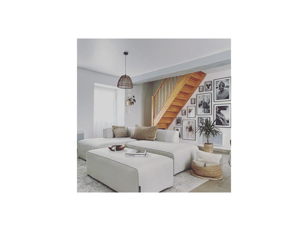 Megeve - Fixed Modular Corner Sofa - Smooth Fabric with 1 Armless Chair and 1 Pouffe - Left Corner