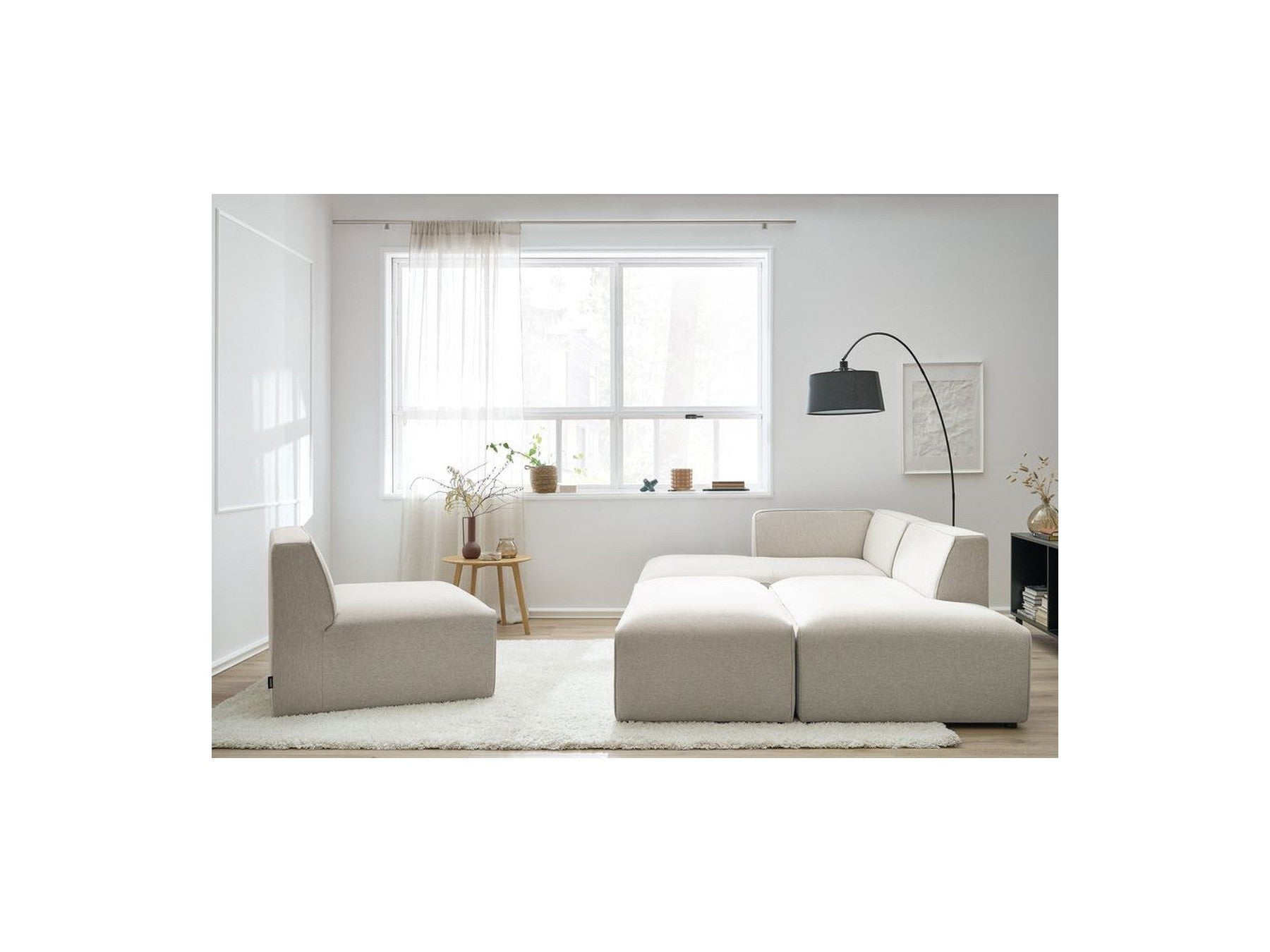Megeve - Fixed Modular Corner Sofa - Smooth Fabric with 1 Armless Chair and 1 Pouffe - Left Corner