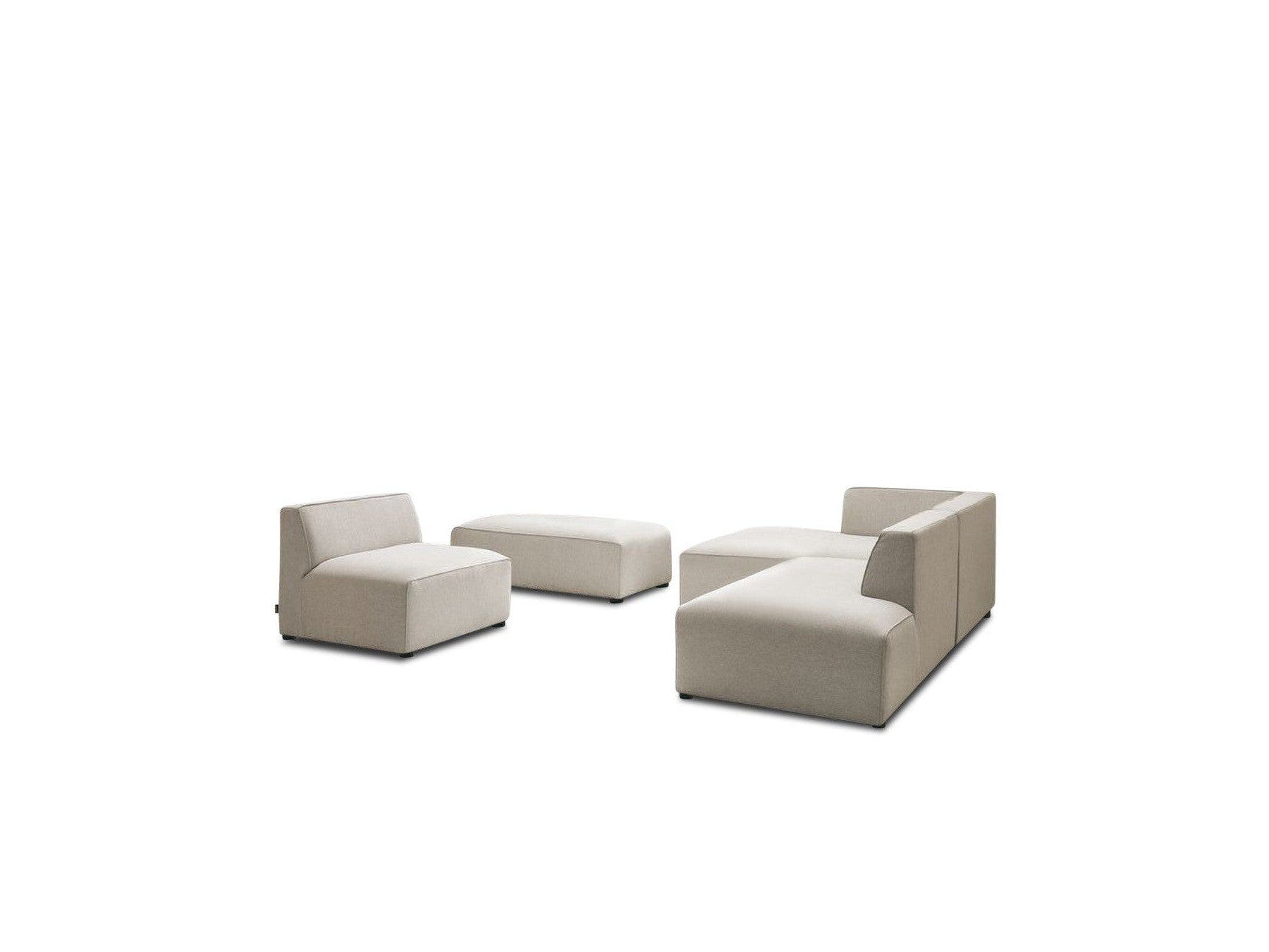 Megeve - Fixed Modular Corner Sofa - Smooth Fabric with 1 Armless Chair and 1 Pouffe - Left Corner