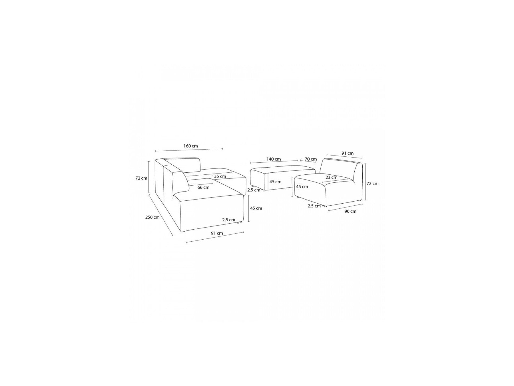 Megeve - Fixed Modular Corner Sofa - Smooth Fabric with 1 Armless Chair and 1 Pouffe - Left Corner