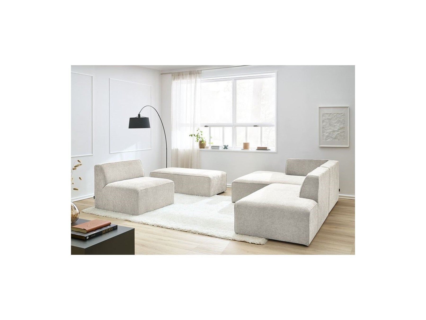 Modular Fixed Corner Sofa - Megeve - Textured Fabric - With 1 Armless Chair and 1 Pouffe - Left Corner