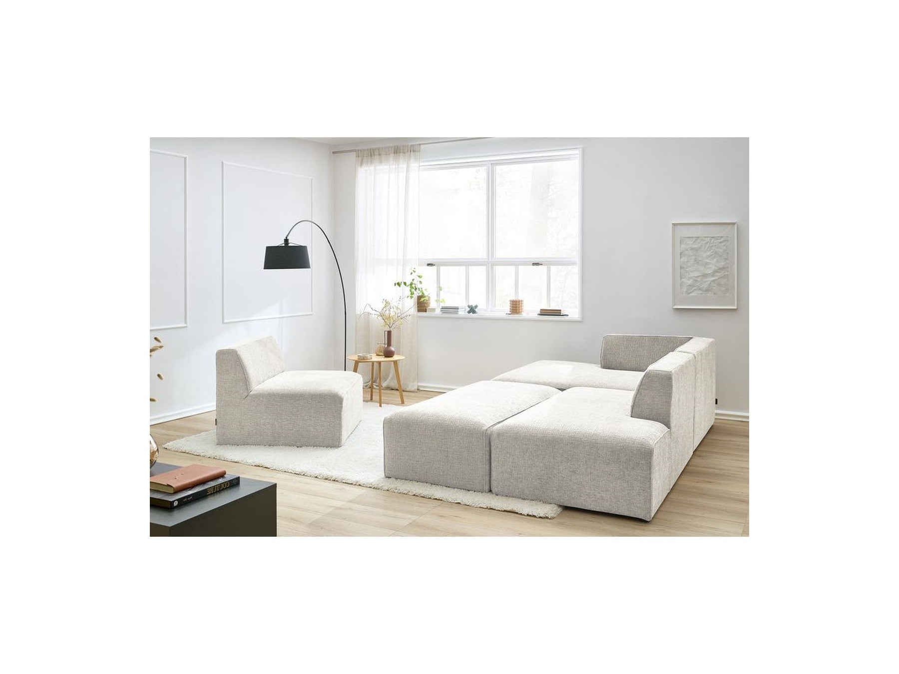 Modular Fixed Corner Sofa - Megeve - Textured Fabric - With 1 Armless Chair and 1 Pouffe - Left Corner