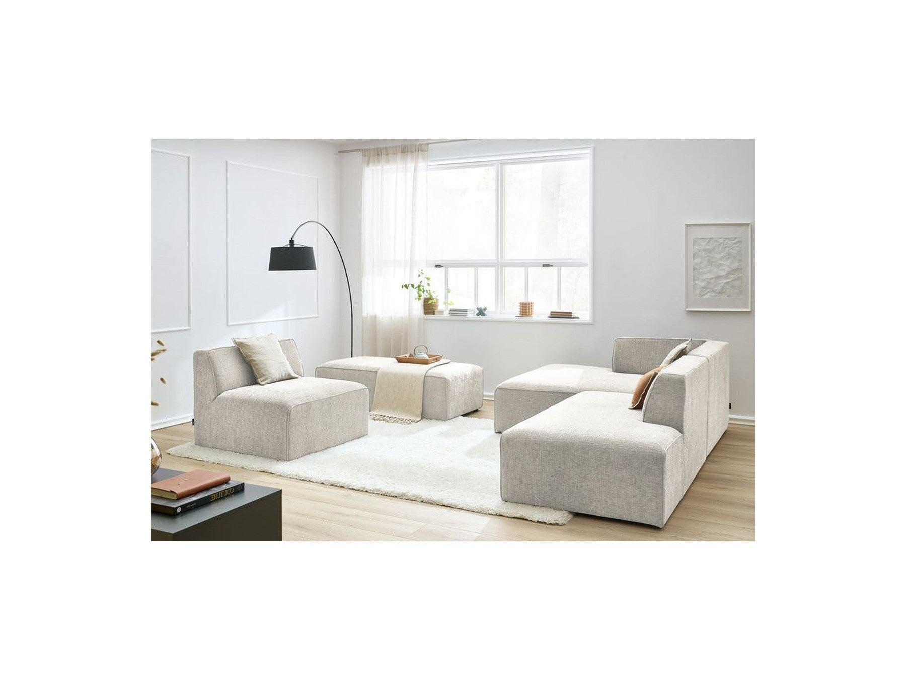 Modular Fixed Corner Sofa - Megeve - Textured Fabric - With 1 Armless Chair and 1 Pouffe - Left Corner