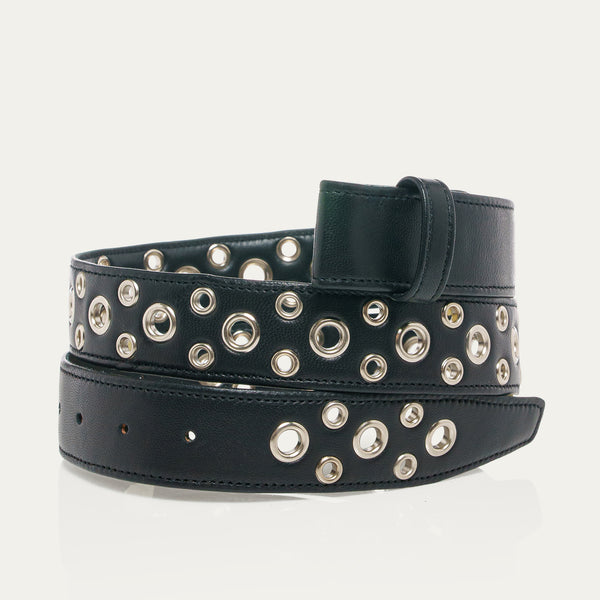 Black Nappa Leather Belt With Silver Eyelets