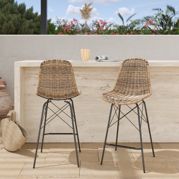 Tiptur - Lot De 2 Chaises De Bar De Jardin En Résine Tressée Marron