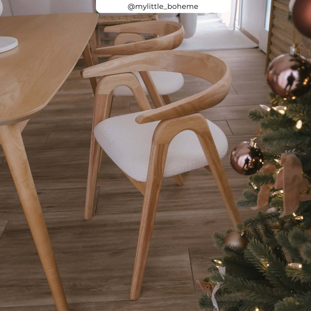 Hawa - Chaise En Bois D'Hévéa Clair Et Tissu Bouclé Crème