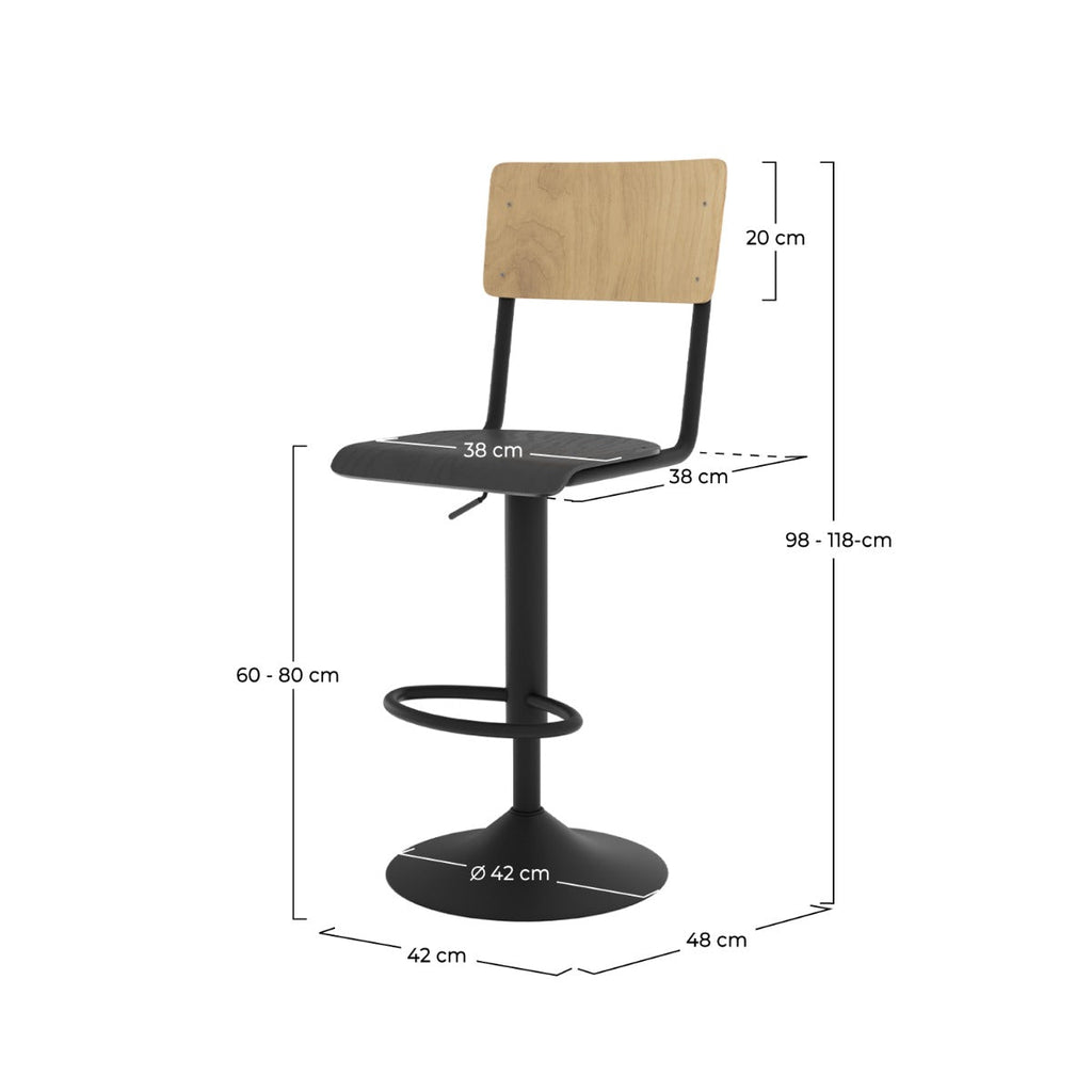 Clem - Lot De 2 Chaises De Bar Réglables En Bois Clair Et Noir