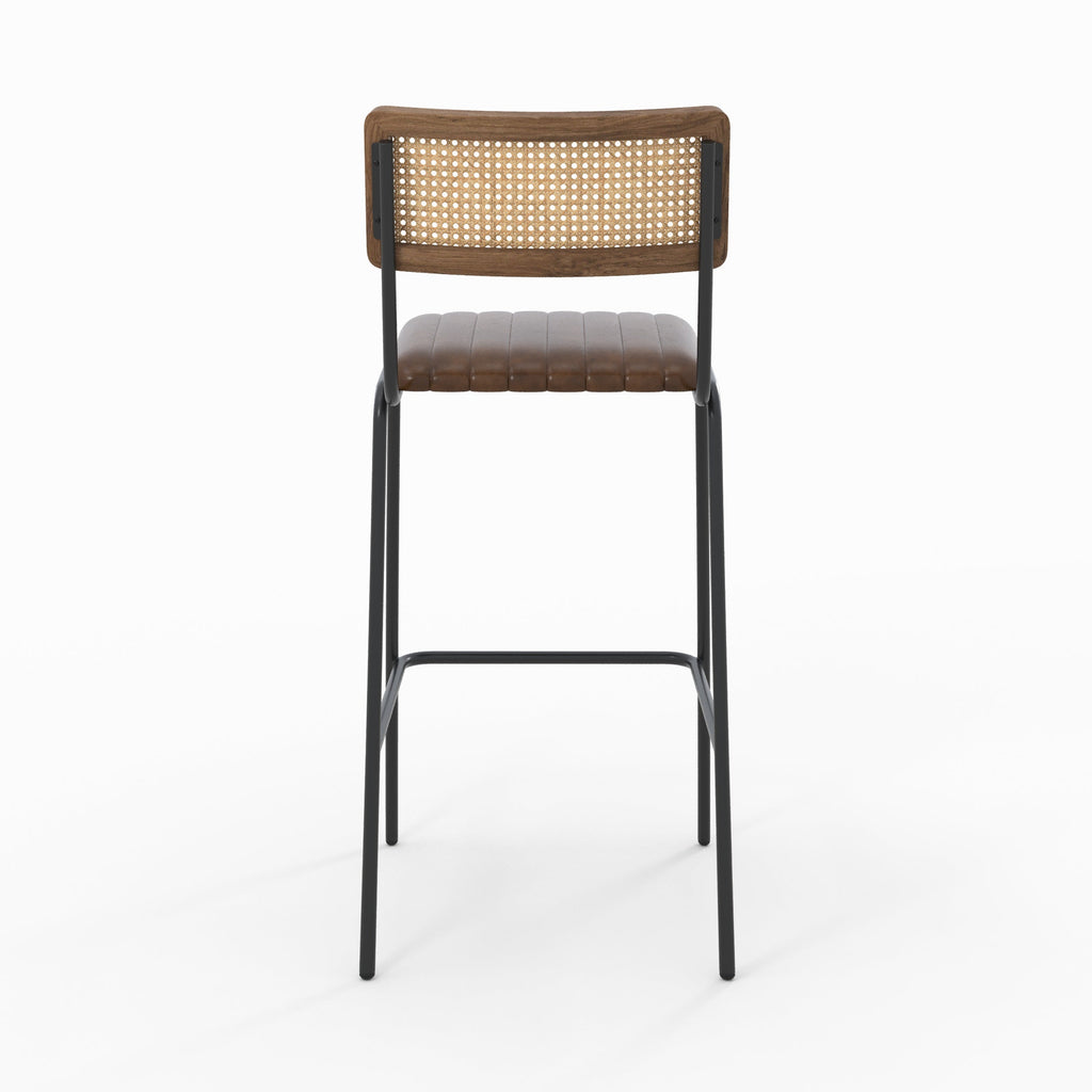 Arsène - Set of 2 Bar Chairs in Canework and Brown Leather