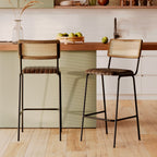 Arsène - Set of 2 Bar Chairs in Canework and Brown Leather