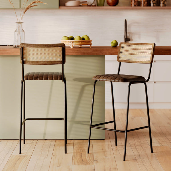 Arsène - Set of 2 Bar Chairs in Canework and Brown Leather