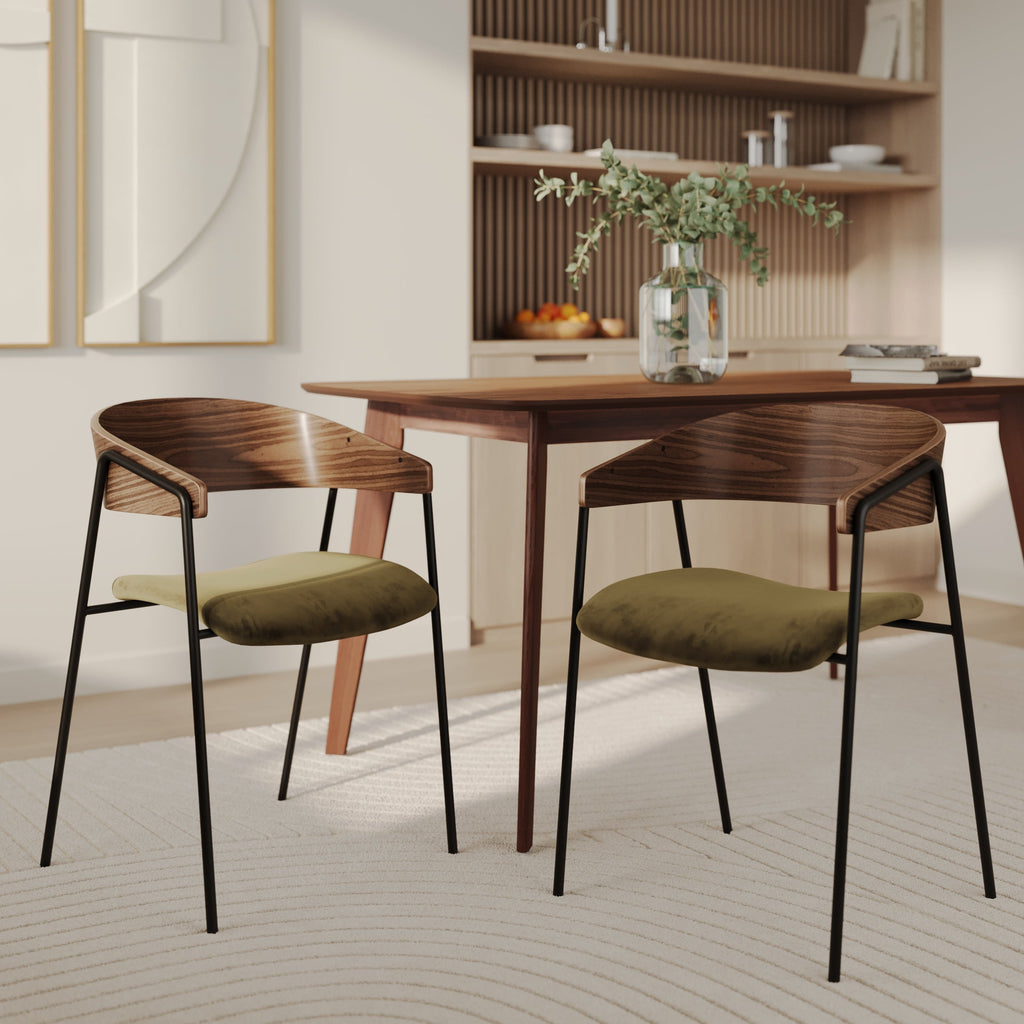 Esmée - Conjunto de 2 sillas de terciopelo verde caqui y madera de nogal