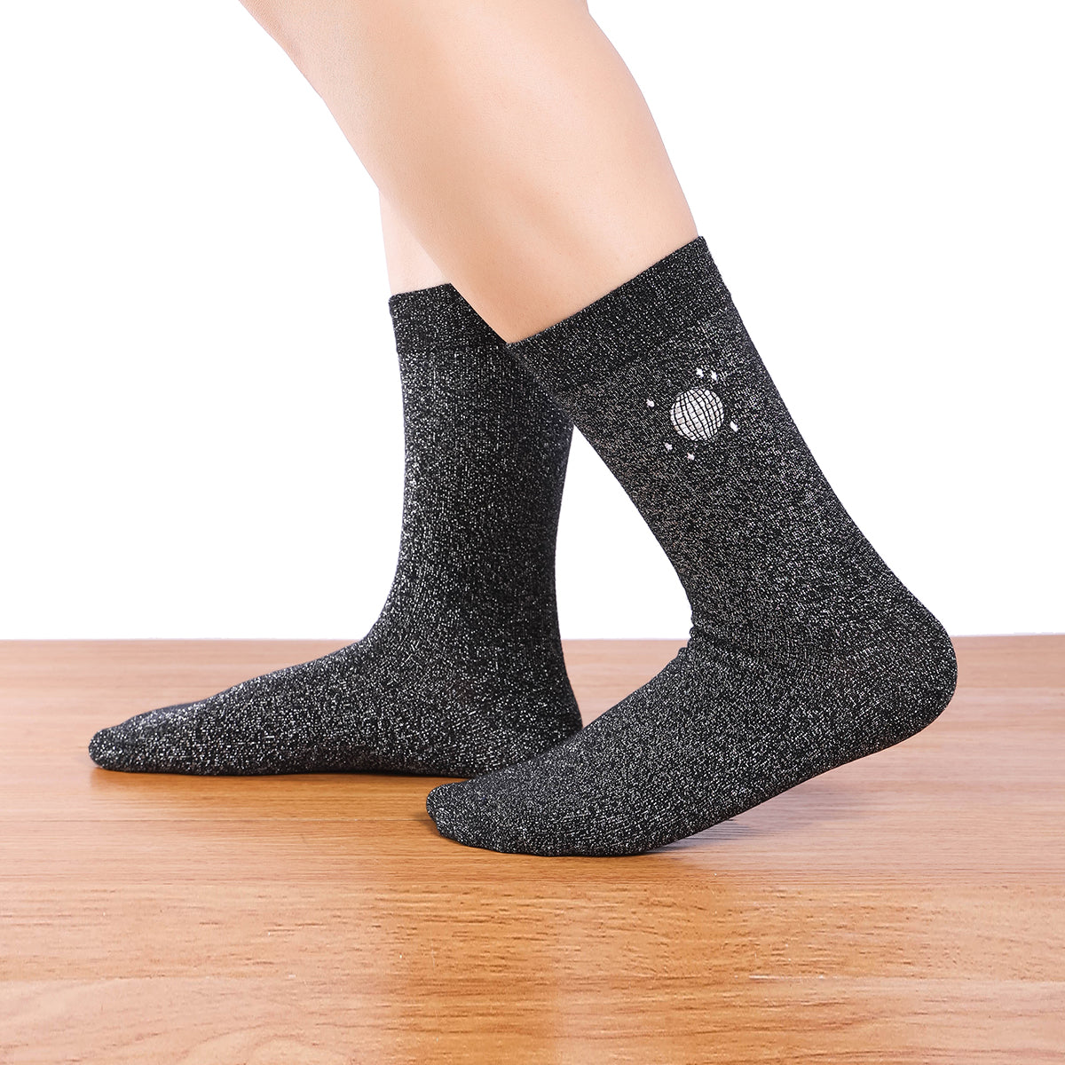 Silver black lurex knee high socks. Festive motif embroidered on the side: disco ball.