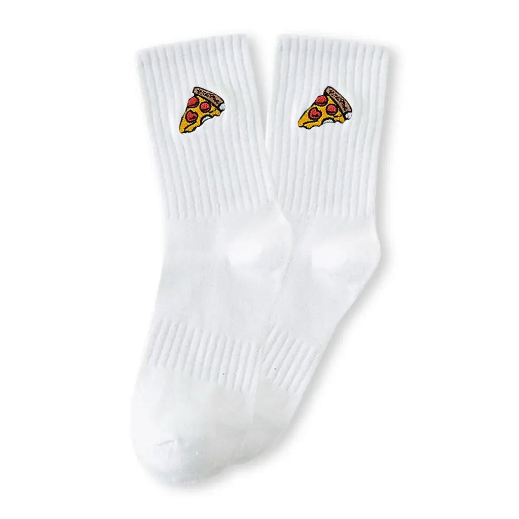 High sports socks, ribbed material for a good fit, slice of pizza embroidered on the side