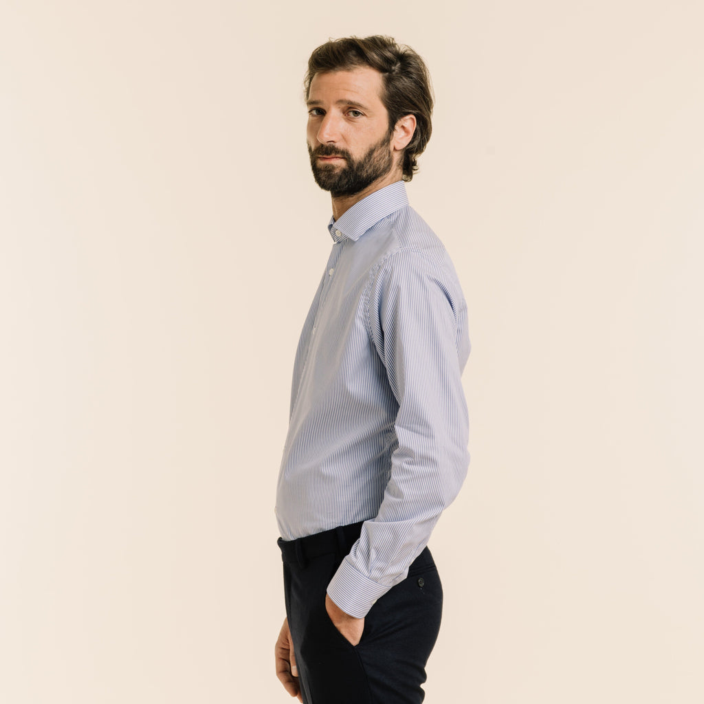 Chemise Premium Cintrée En Twill Double Retors À Rayures Bleues
