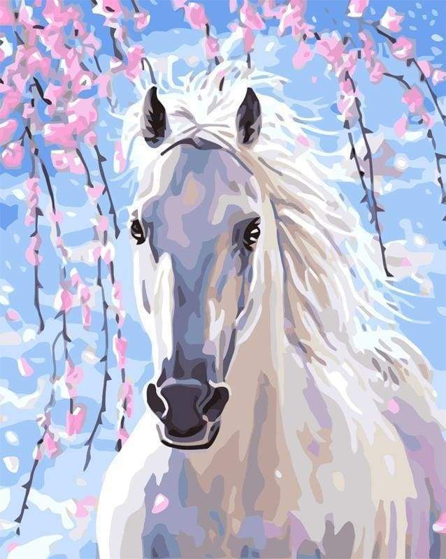 Peinture Par Numéros - Cheval Et Fleurs Blanches