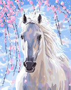 Peinture Par Numéros - Cheval Et Fleurs Blanches