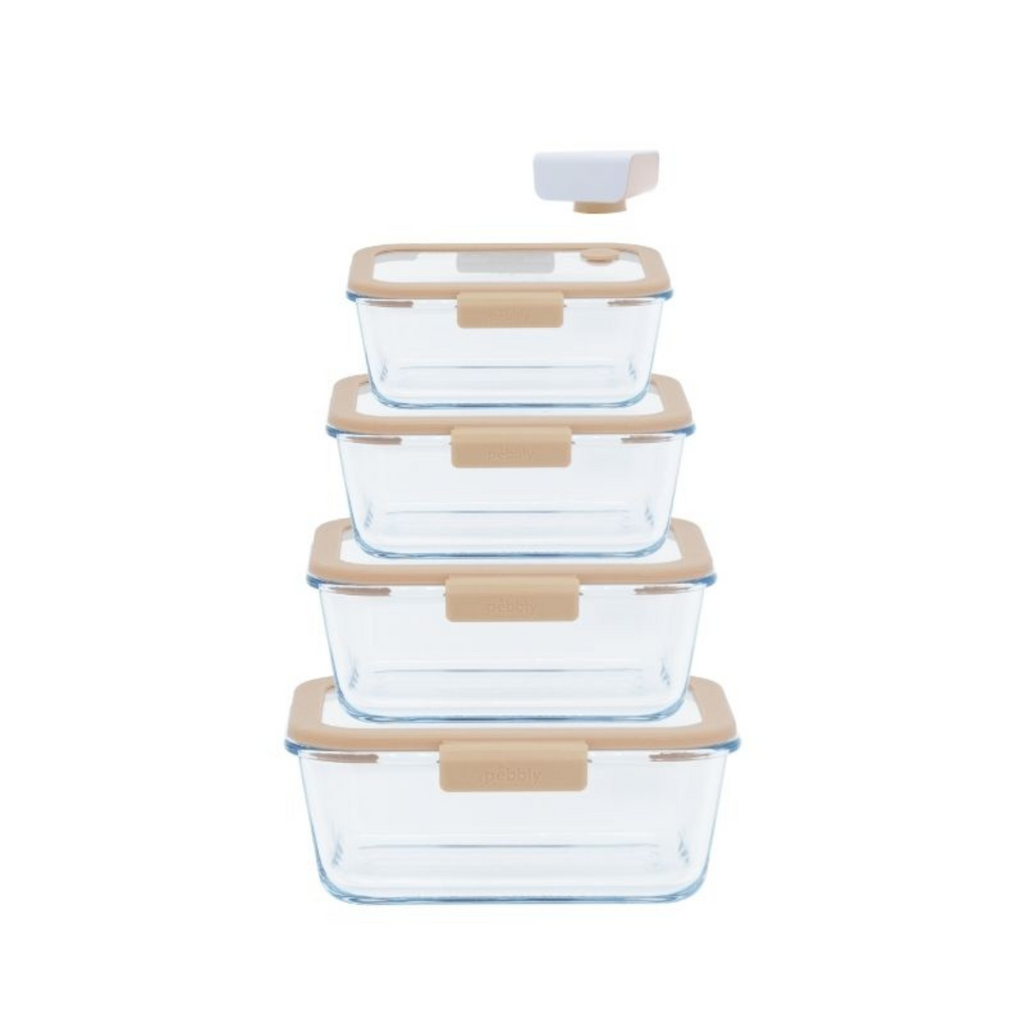 Grand Coffret De Conservation Sous-Vide - 4 Boîtes En Verre Et La Pompe - Beige