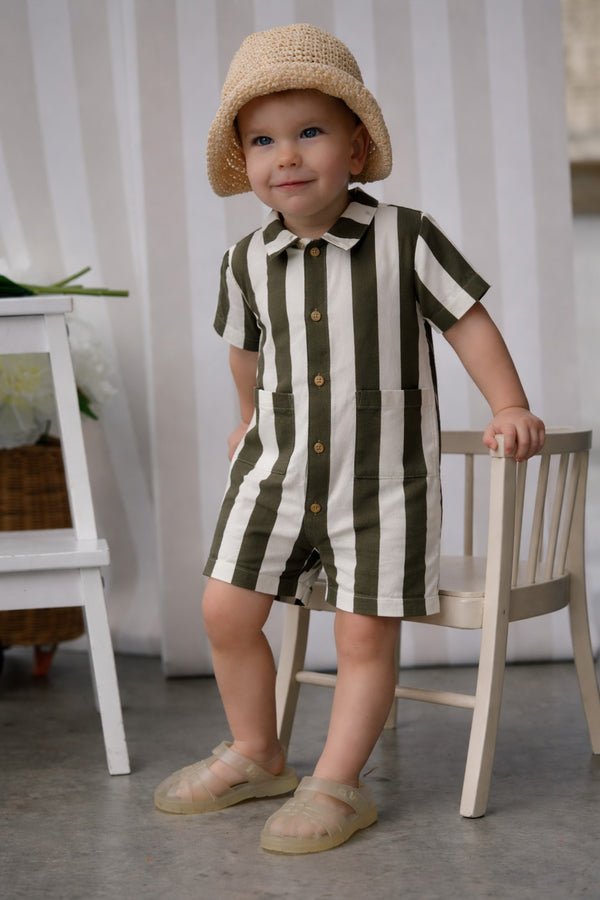 Charly Maxi Stripes Jumpsuit - Baby Boy - Olive & White
