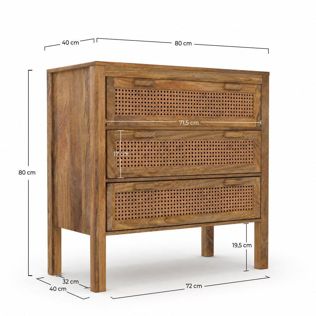 Tiki - Mango Wood And Canework 3 Drawer Chest