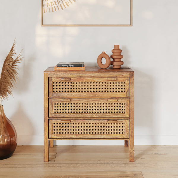 Tiki - Commode En Bois De Manguier Et Cannage 3 Tiroirs
